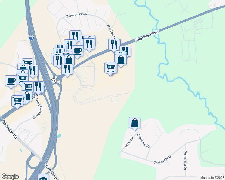 map of restaurants, bars, coffee shops, grocery stores, and more near 381 Cleveland Crossing Drive in Garner