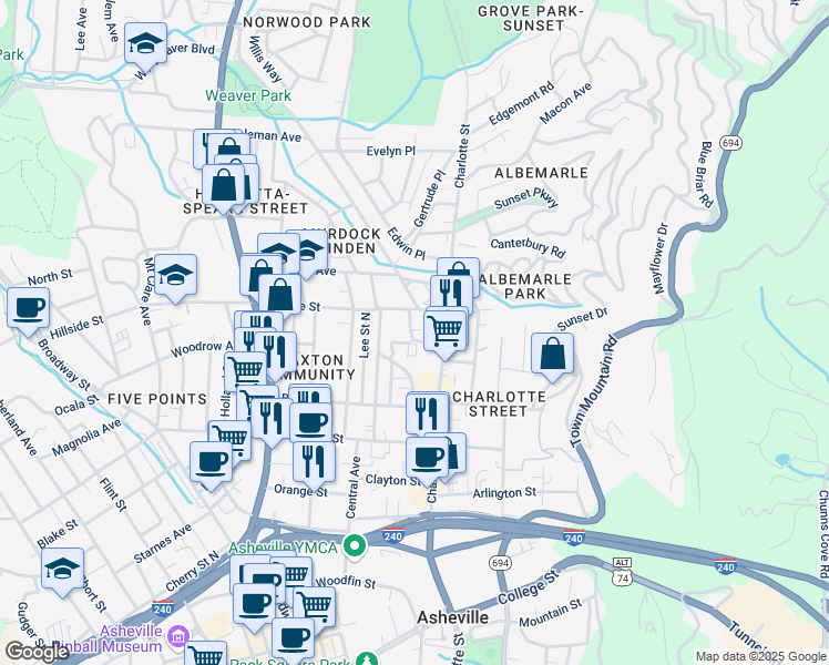 map of restaurants, bars, coffee shops, grocery stores, and more near 33 Clyde Street in Asheville