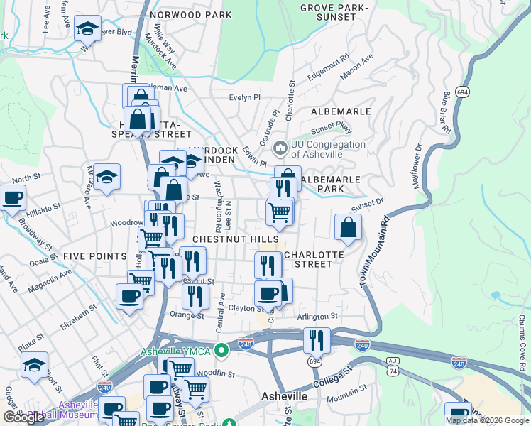 map of restaurants, bars, coffee shops, grocery stores, and more near 210 Charlotte Street in Asheville