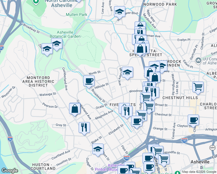 map of restaurants, bars, coffee shops, grocery stores, and more near 52 Hillside Street in Asheville
