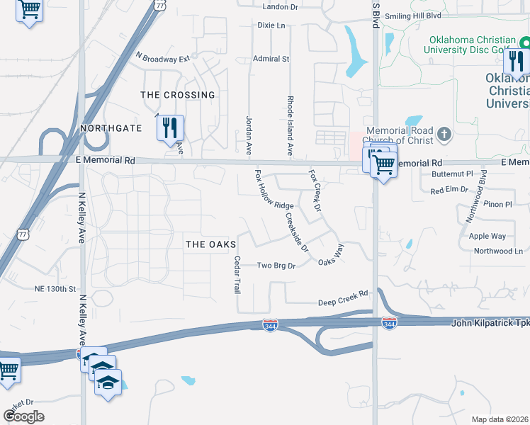 map of restaurants, bars, coffee shops, grocery stores, and more near 1512 Steeple Chase Street in Oklahoma City