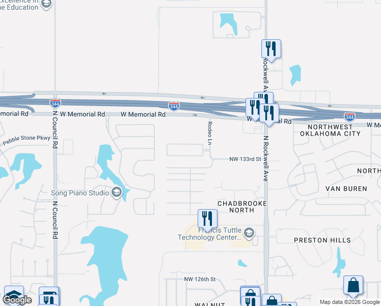 map of restaurants, bars, coffee shops, grocery stores, and more near 7504 Northwest 135th Street in Oklahoma City