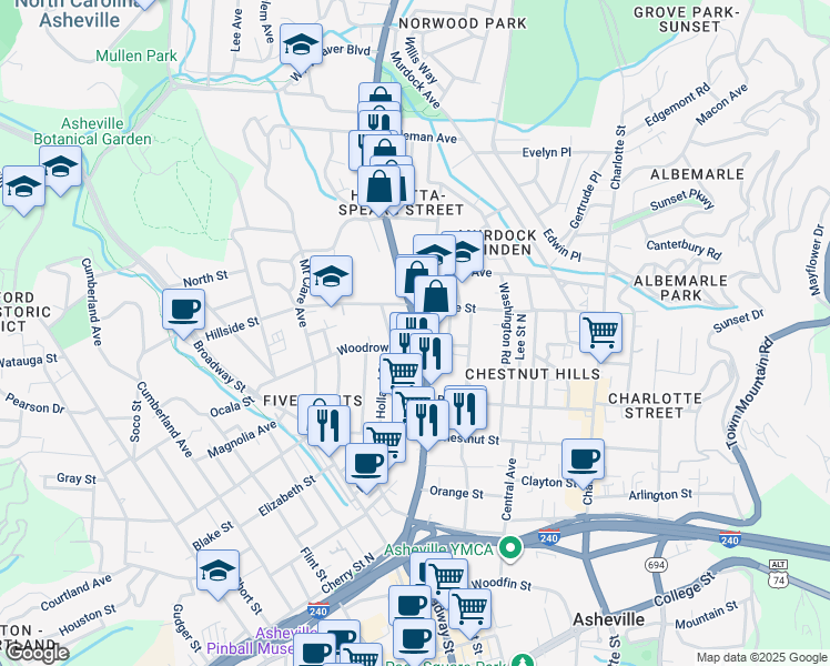 map of restaurants, bars, coffee shops, grocery stores, and more near 234 Merrimon Avenue in Asheville