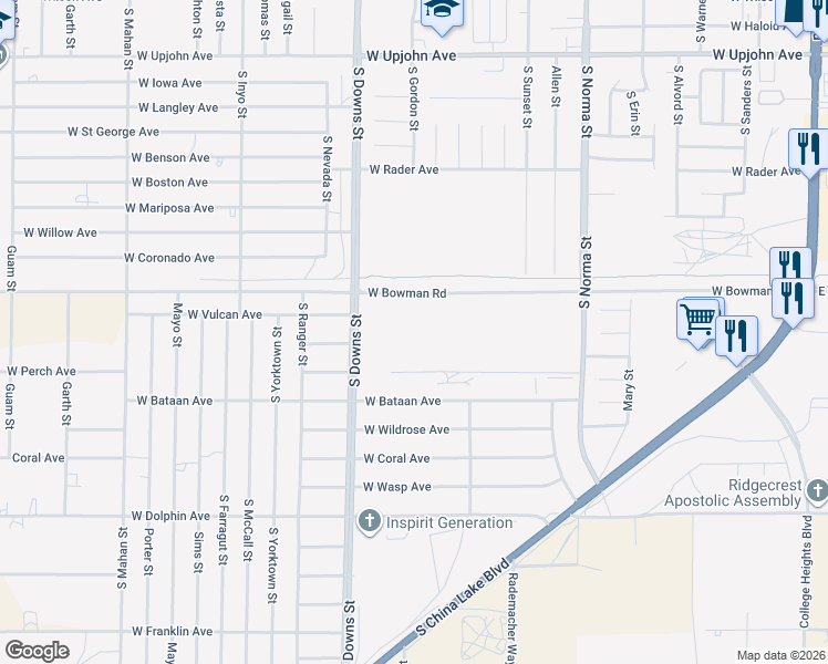 map of restaurants, bars, coffee shops, grocery stores, and more near 796 Bowman Road in Ridgecrest