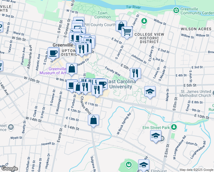 map of restaurants, bars, coffee shops, grocery stores, and more near Wendell Smiley Way in Greenville