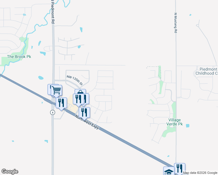 map of restaurants, bars, coffee shops, grocery stores, and more near 11704 Northwest 135th Terrace in Piedmont