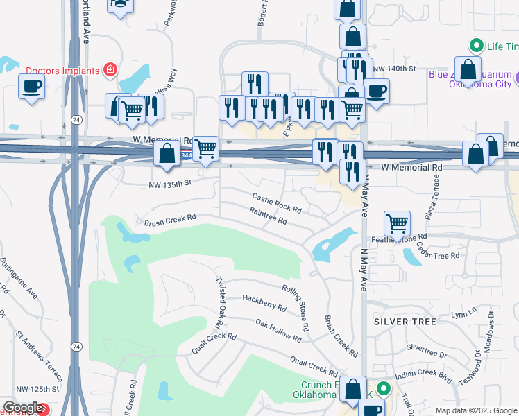 map of restaurants, bars, coffee shops, grocery stores, and more near 3217 Raintree Road in Oklahoma City
