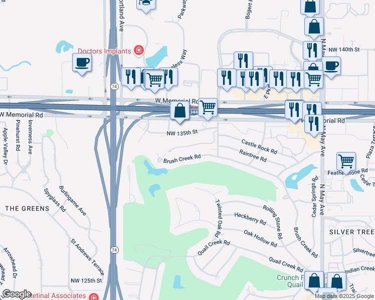 map of restaurants, bars, coffee shops, grocery stores, and more near 3339 Stonebrook Court in Oklahoma City