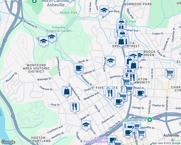 map of restaurants, bars, coffee shops, grocery stores, and more near 35 Hillside Street in Asheville
