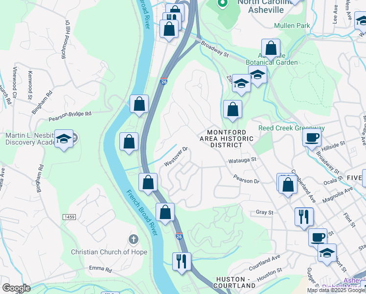 map of restaurants, bars, coffee shops, grocery stores, and more near 316 Westover Drive in Asheville