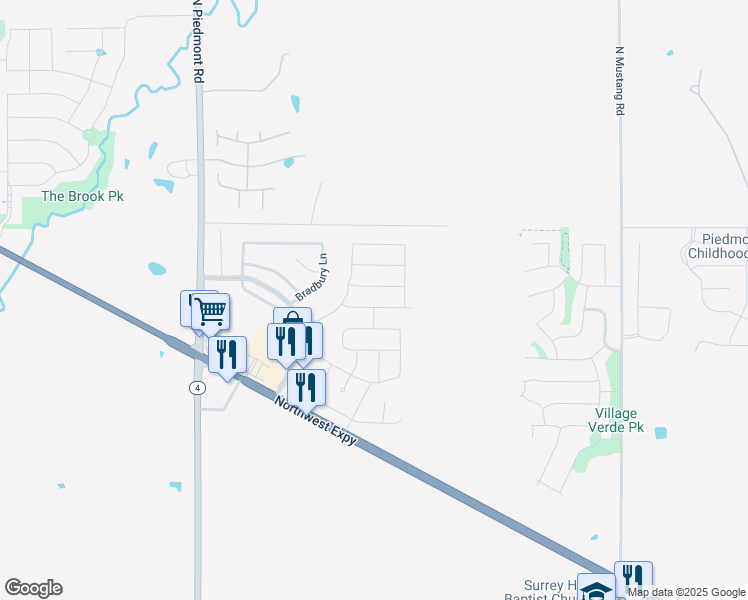 map of restaurants, bars, coffee shops, grocery stores, and more near 11740 Northwest 135th Terrace in Piedmont