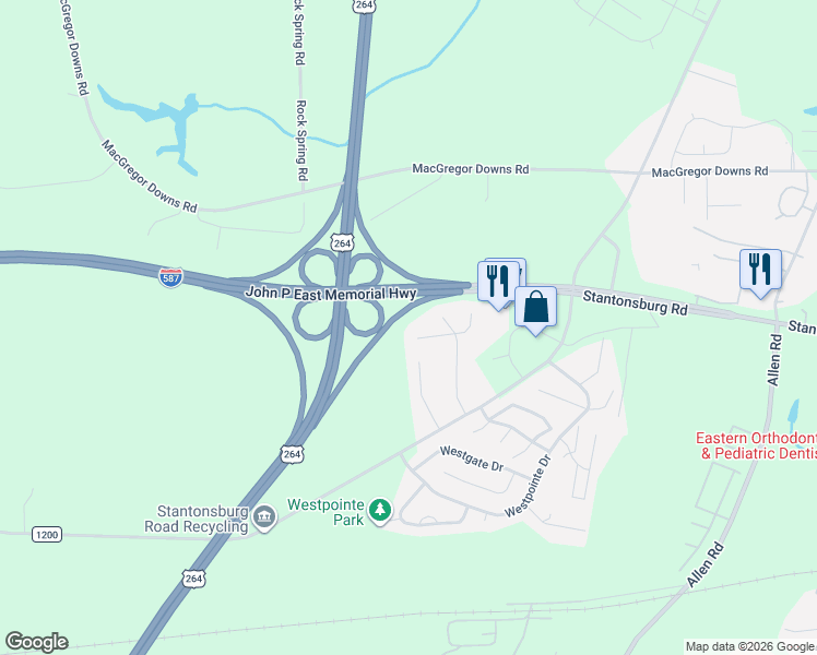 map of restaurants, bars, coffee shops, grocery stores, and more near John P East Memorial Highway in Greenville