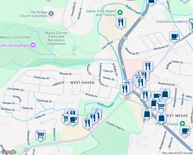 map of restaurants, bars, coffee shops, grocery stores, and more near 212 Haven Circle in Columbia