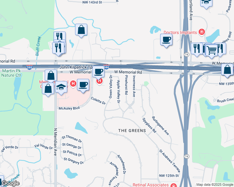 map of restaurants, bars, coffee shops, grocery stores, and more near 13501 Apple Valley Drive in Oklahoma City