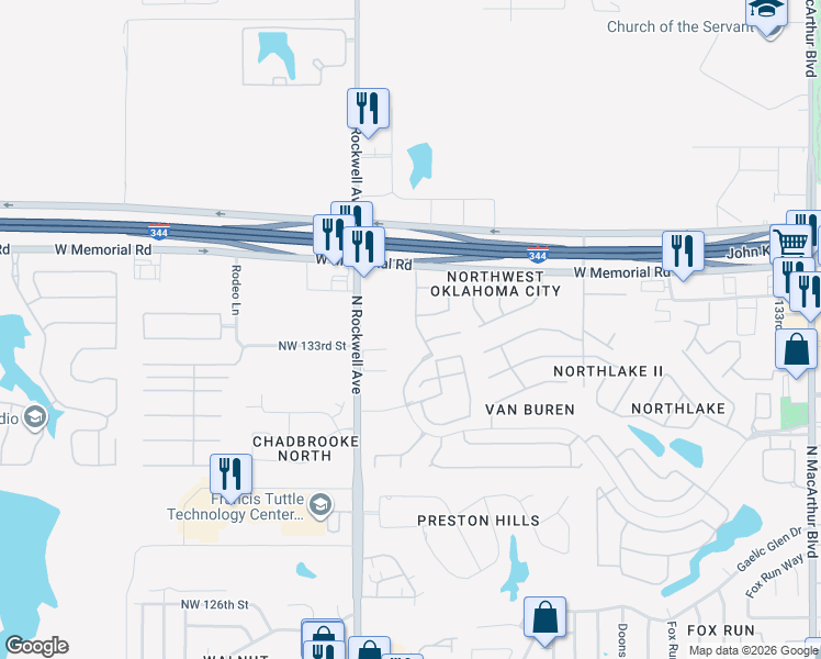 map of restaurants, bars, coffee shops, grocery stores, and more near 13601 Bell Avenue in Oklahoma City