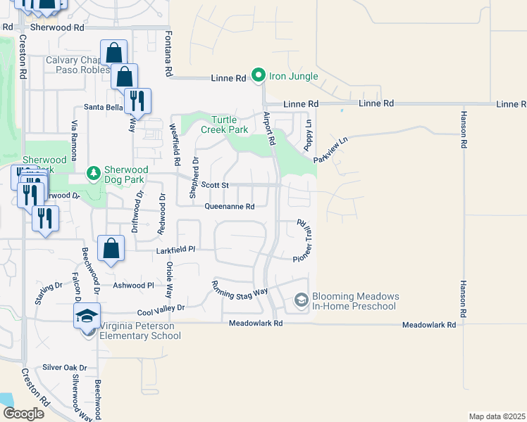 map of restaurants, bars, coffee shops, grocery stores, and more near 1840 Ponderosa Lane in Paso Robles