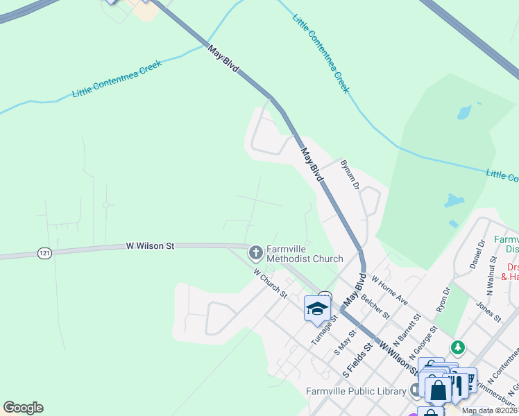 map of restaurants, bars, coffee shops, grocery stores, and more near 4424 Parker Ct in Farmville