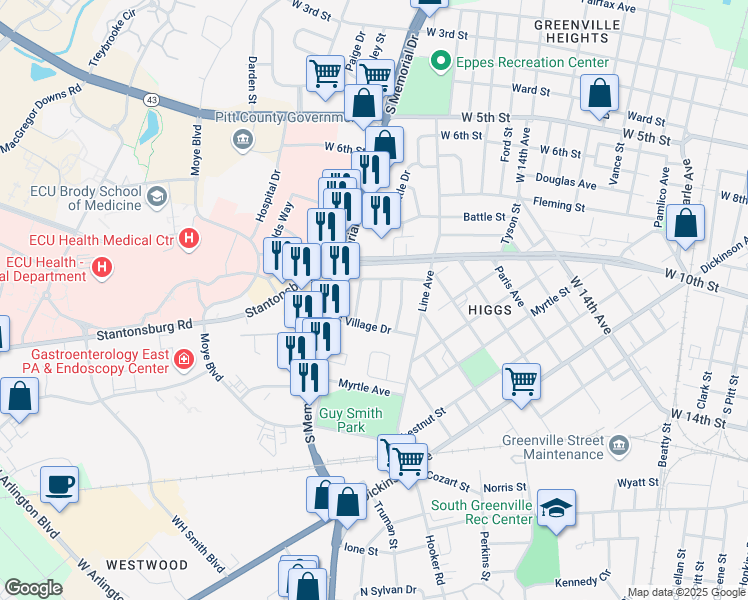 map of restaurants, bars, coffee shops, grocery stores, and more near 409 Greenview Drive in Greenville