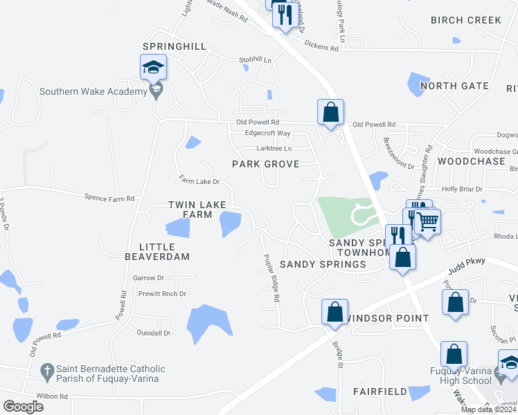 map of restaurants, bars, coffee shops, grocery stores, and more near 1514 Poplar Ridge Road in Fuquay Varina