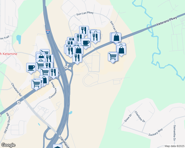 map of restaurants, bars, coffee shops, grocery stores, and more near 127 Cleveland Crossing Drive in Garner