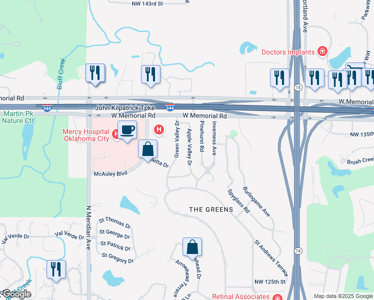 map of restaurants, bars, coffee shops, grocery stores, and more near 13501 Apple Valley Drive in Oklahoma City