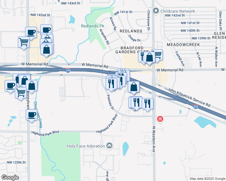 map of restaurants, bars, coffee shops, grocery stores, and more near 13313 Pawnee Drive in Edmond