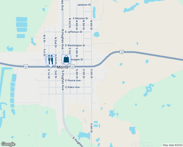 map of restaurants, bars, coffee shops, grocery stores, and more near 307 South 6th Street in Morris
