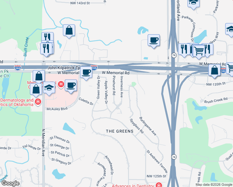 map of restaurants, bars, coffee shops, grocery stores, and more near 13410 Pinehurst Road in Oklahoma City