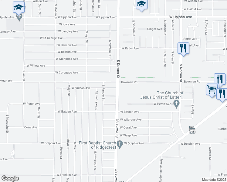 map of restaurants, bars, coffee shops, grocery stores, and more near 905 West Vulcan Avenue in Ridgecrest