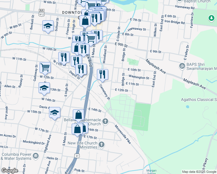 map of restaurants, bars, coffee shops, grocery stores, and more near 300 East 11th Street in Columbia