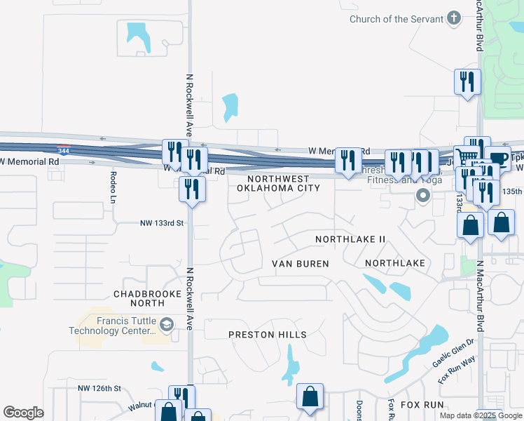 map of restaurants, bars, coffee shops, grocery stores, and more near 6801 NW 135th Cir in Oklahoma City