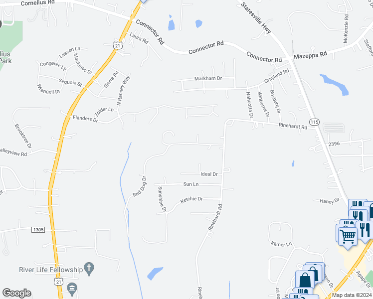 map of restaurants, bars, coffee shops, grocery stores, and more near 149 Red Dog Drive in Mooresville