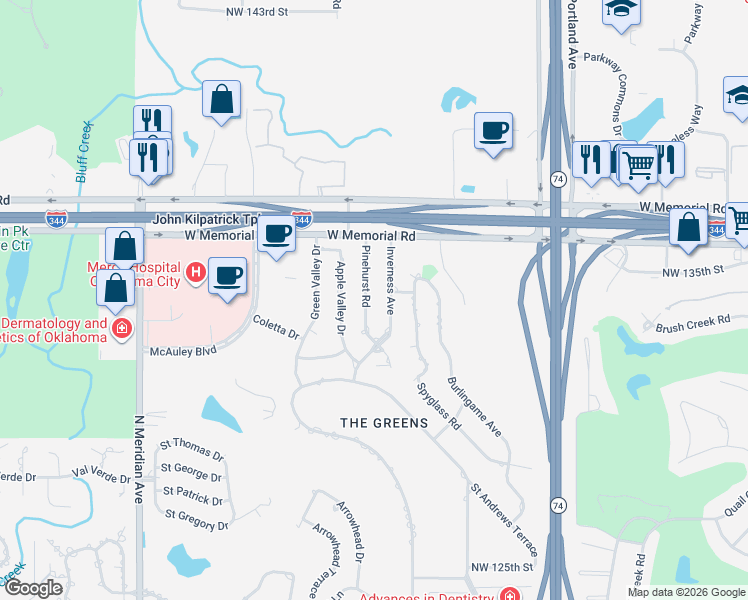 map of restaurants, bars, coffee shops, grocery stores, and more near 13410 Pinehurst Road in Oklahoma City