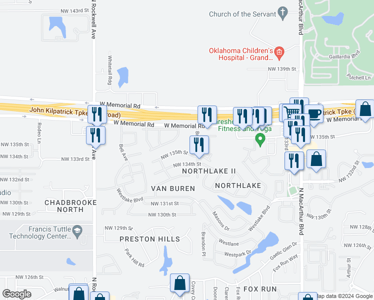 map of restaurants, bars, coffee shops, grocery stores, and more near 6513 Northwest 135th Street in Oklahoma City
