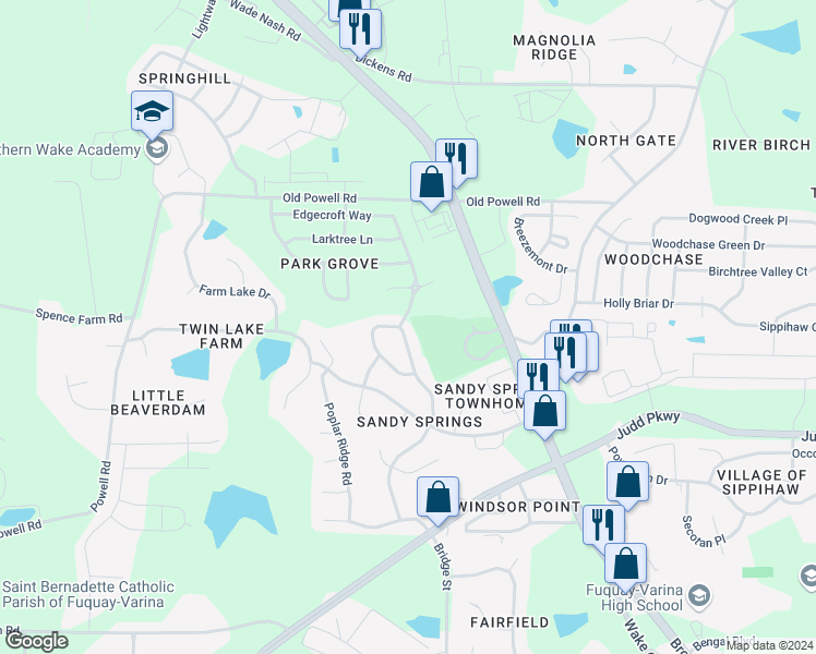 map of restaurants, bars, coffee shops, grocery stores, and more near 1628 Balfour Downs Circle in Fuquay Varina