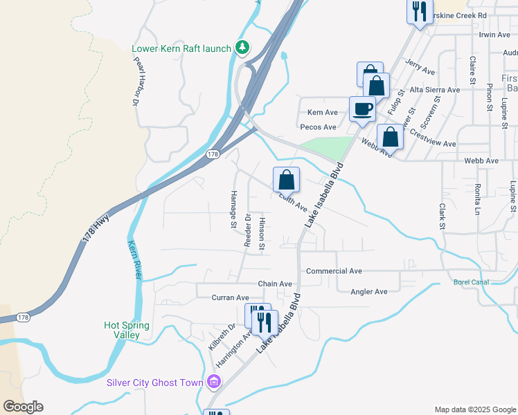 map of restaurants, bars, coffee shops, grocery stores, and more near 1813 Silicz Avenue in Lake Isabella