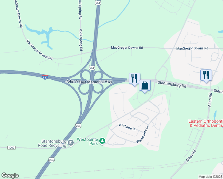 map of restaurants, bars, coffee shops, grocery stores, and more near John P East Memorial Highway in Greenville