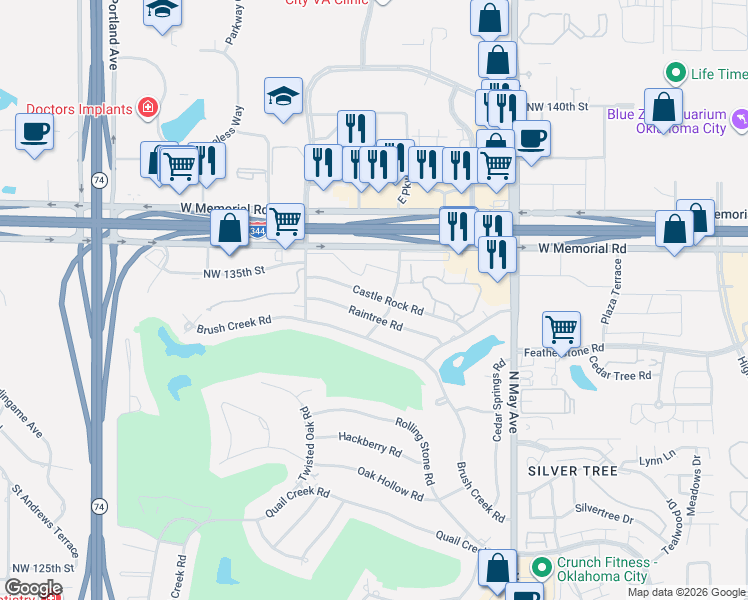 map of restaurants, bars, coffee shops, grocery stores, and more near 3212 Castle Rock Road in Oklahoma City