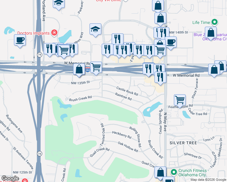 map of restaurants, bars, coffee shops, grocery stores, and more near 3241 Raintree Road in Oklahoma City