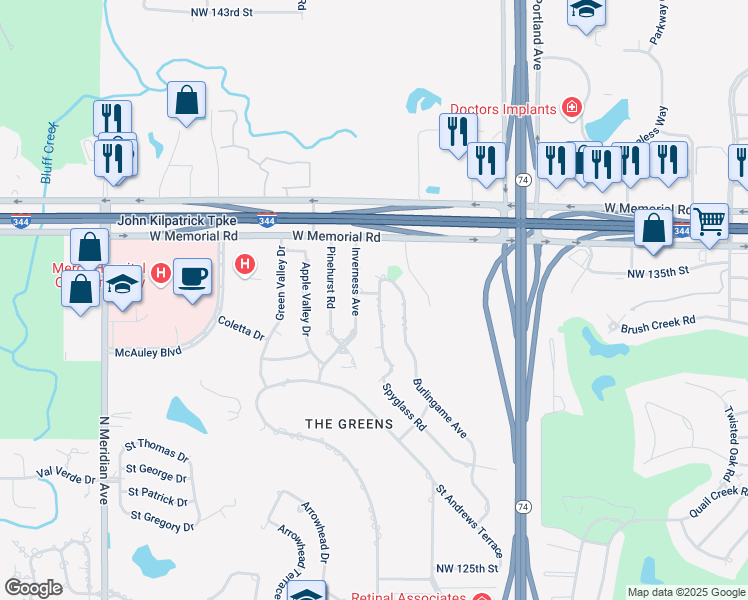 map of restaurants, bars, coffee shops, grocery stores, and more near 4048 Spyglass Road in Oklahoma City