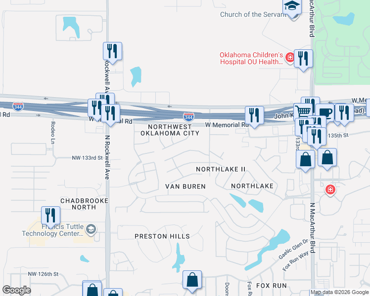 map of restaurants, bars, coffee shops, grocery stores, and more near 6605 Northwest 135th Street in Oklahoma City