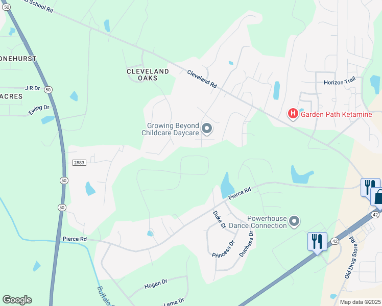 map of restaurants, bars, coffee shops, grocery stores, and more near 282 Madden Rose Loop in Garner