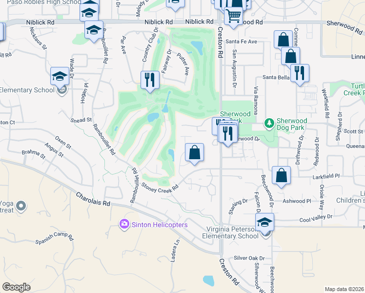 map of restaurants, bars, coffee shops, grocery stores, and more near 2097 Fallbrook Court in Paso Robles