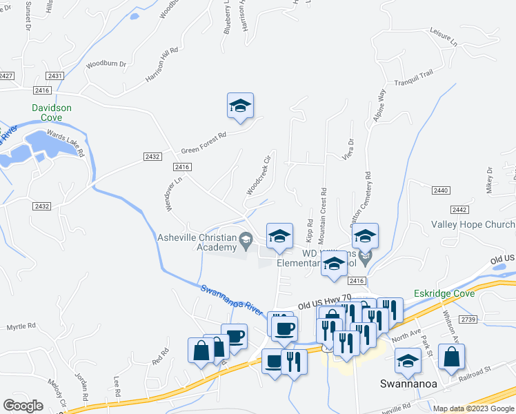 map of restaurants, bars, coffee shops, grocery stores, and more near 24 Cherry Laurel Lane in Swannanoa