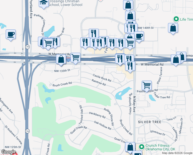 map of restaurants, bars, coffee shops, grocery stores, and more near 3212 Castle Rock Road in Oklahoma City