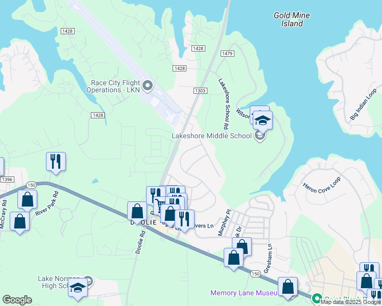 map of restaurants, bars, coffee shops, grocery stores, and more near 224 Blossom Ridge Drive in Mooresville