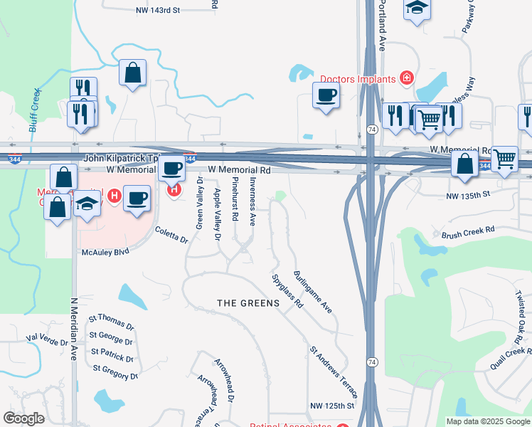 map of restaurants, bars, coffee shops, grocery stores, and more near 4048 Spyglass Road in Oklahoma City