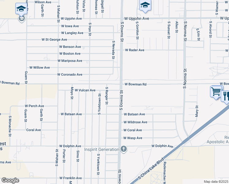 map of restaurants, bars, coffee shops, grocery stores, and more near 915 West Vulcan Avenue in Ridgecrest