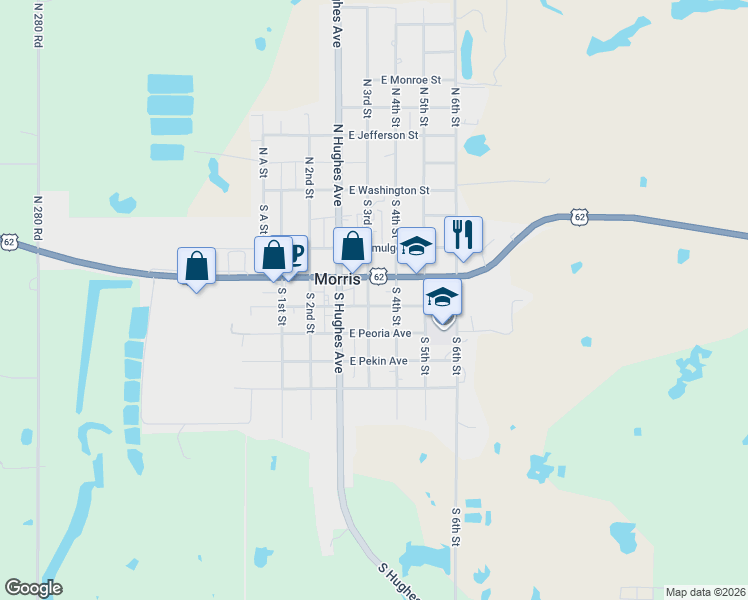 map of restaurants, bars, coffee shops, grocery stores, and more near 322 East Young Street in Morris