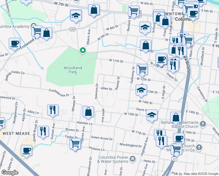 map of restaurants, bars, coffee shops, grocery stores, and more near 608 Allen Street in Columbia